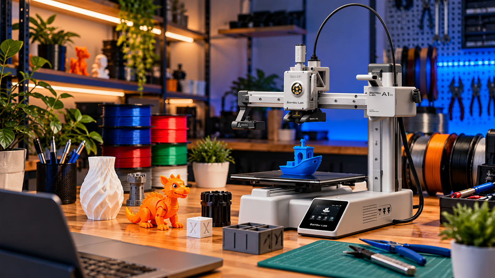 Impressora 3D Bambu Lab A1 em bancada com filamentos, ferramentas e peças impressas em 3D