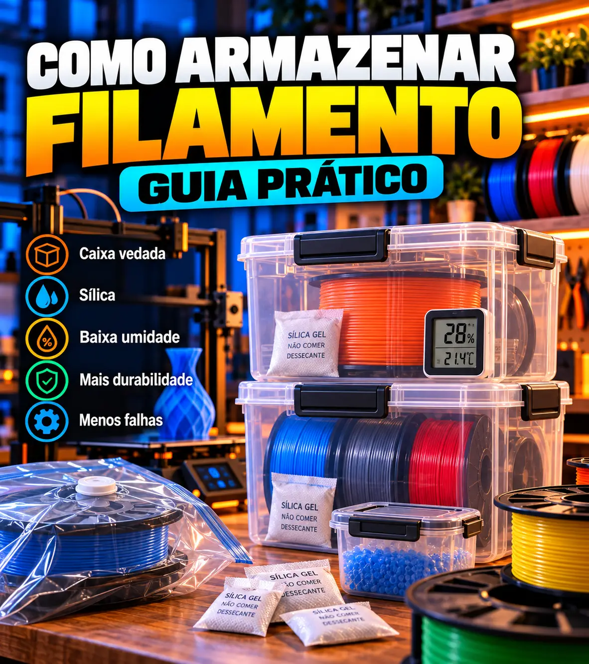 Caixa hermética com bobinas de filamento, sílica gel e higrômetro para manter o filamento seco depois da secagem