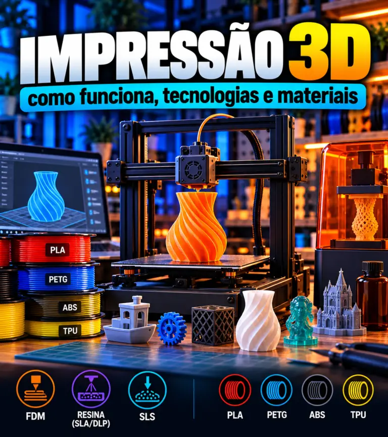 Filamentos para impressão 3D PLA, PETG, ABS e TPU ao lado de uma impressora FDM e peças impressas