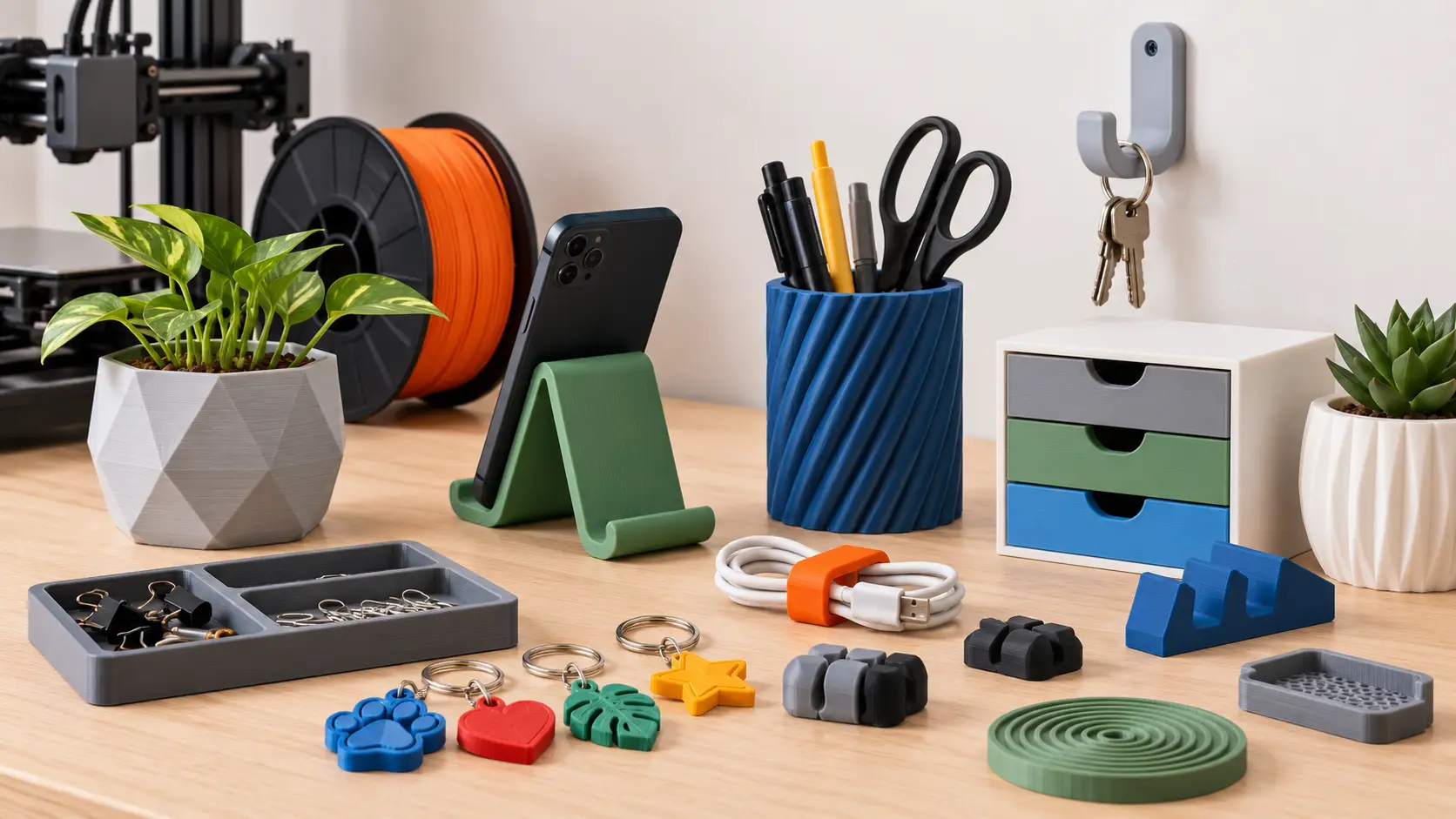 Produtos simples feitos em impressão 3D para venda, incluindo suporte para celular, organizador de cabos, chaveiros, porta-canetas, organizadores e acessórios funcionais