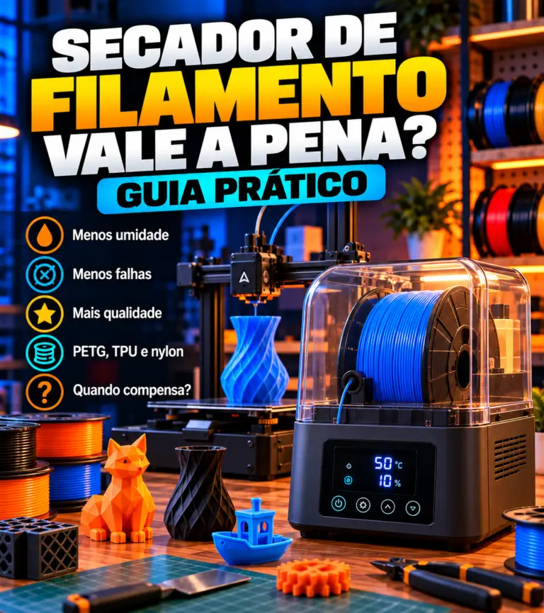 Secador de filamento com bobina azul ao lado de impressora 3D, usado para recuperar filamento úmido antes de armazenar