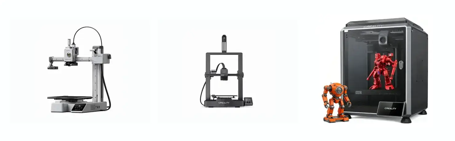 Bambu Lab x Creality: impressoras Bambu Lab A1 Mini, Creality Ender-3 V3 SE e Creality K1C lado a lado