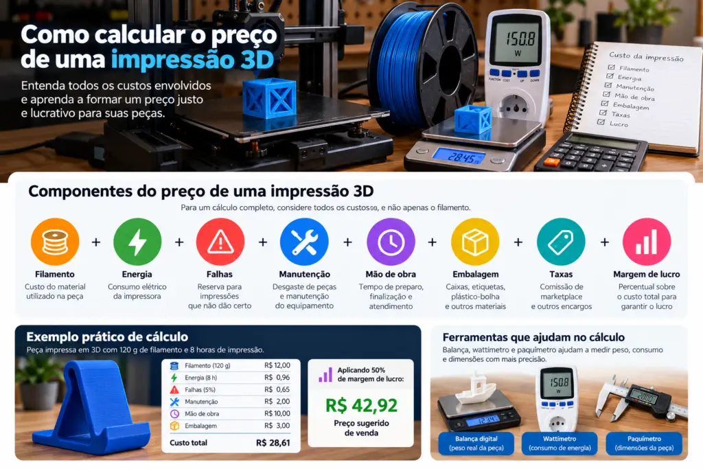 Como calcular o preço de uma peça impressa em 3D para vender: filamento, energia, falhas, manutenção, mão de obra, embalagem, taxas e margem
