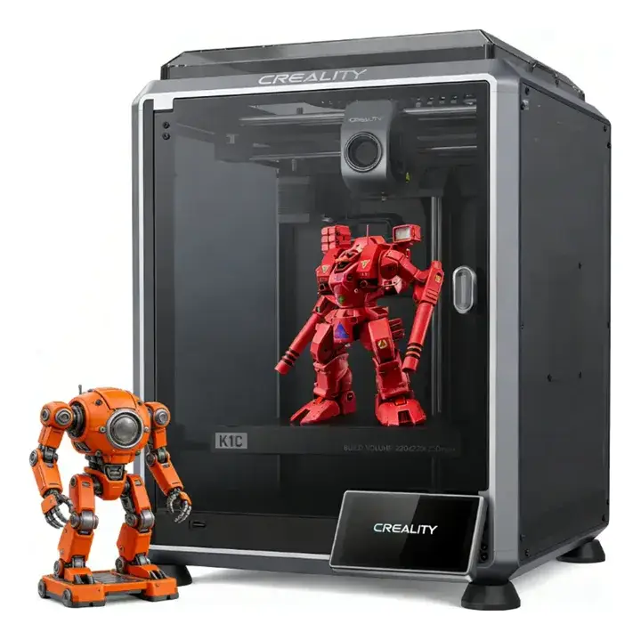Impressora 3D Creality K1C fechada, com porta de vidro, tela touch e peças impressas em 3D