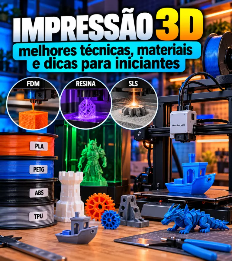 Tutoriais de impressão 3D: técnicas, materiais e dicas para iniciantes, com impressora FDM e peças impressas
